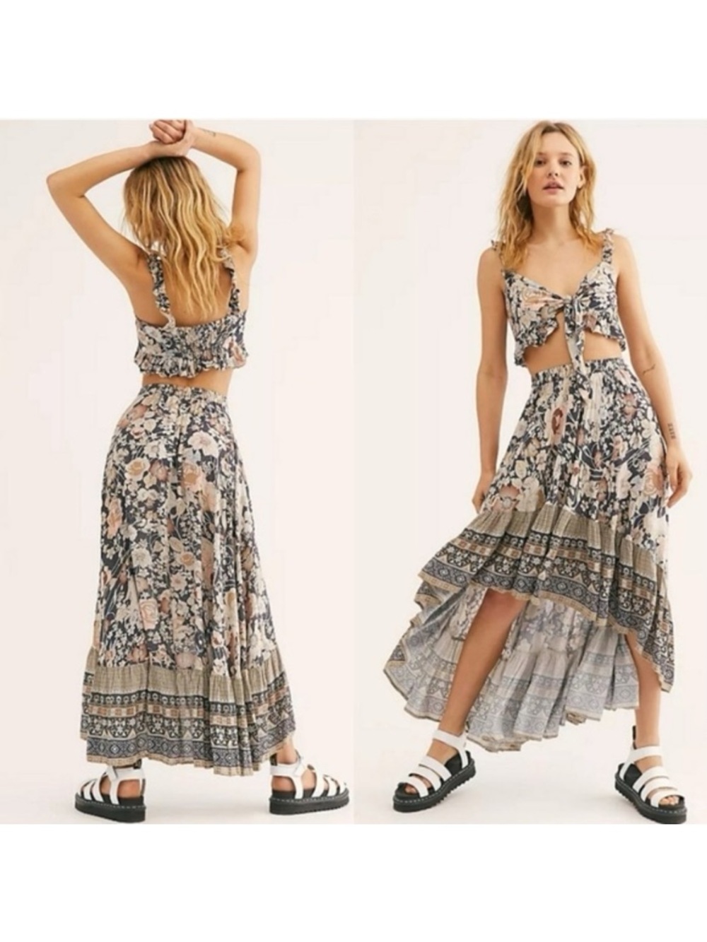 Spell and the Gypsy Bohemian Floral High-Low Midi Skirt in Beige and Navy - Picture 8 of 8